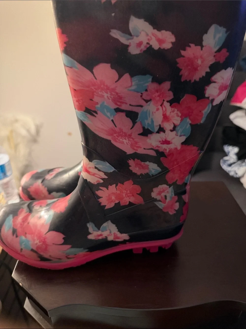 Kids Floral Rain Boots - Navy with Pink Flowers